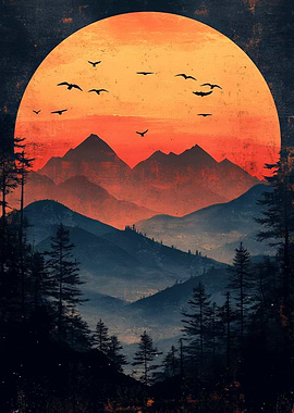 Sunset Landscape Mountains Fantasy and Birds