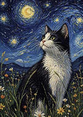 Tuxedo Cat in Starry Night Field