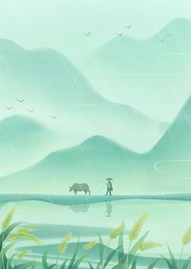 Farmer and buffalo in the rain