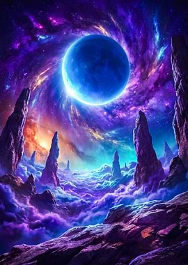 Alien Planet Landscape with Blue Moon