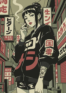 Anime Girl Smoking in Japanese Street