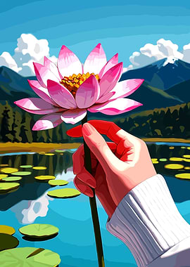 Hand Holding Lotus Flower by Lake