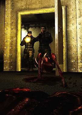 Horror scene with soldiers and creature