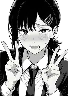 Crying Girl Making Peace Signs Manga Art