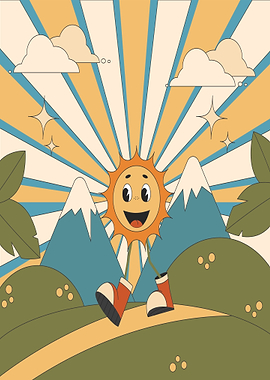 Retro Sun Character in a Landscape