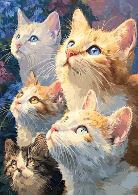 Animal of Kittens Looking Up Digital Painting