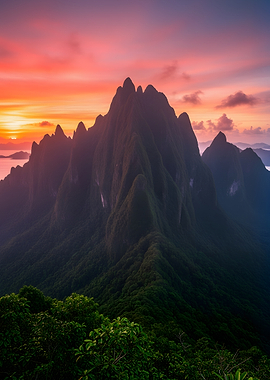Dramatic Mountain Sunset Over Ocean