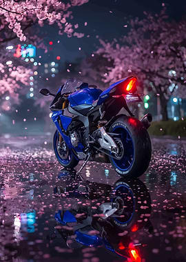 Blue Yamaha Motorcycle with Cherry Blossoms