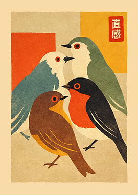 Japanese Birds Retro Art Print