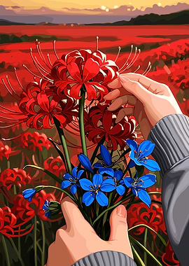Hands holding red and blue flowers