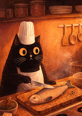 Chef Cat Prepares Fish