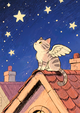 Winged Cat Gazing at Stars