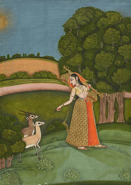 Woman with musical instrument and deer