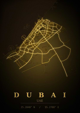 Dubai Gold City Map — UAE Night Travel Poster