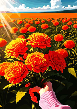 Hand holding bouquet in flower field