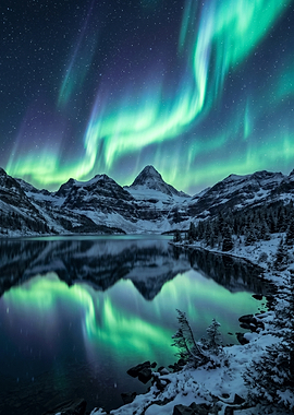 Aurora Borealis Over Snowy Mountains