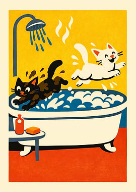 Funny Cat Bath Time Print