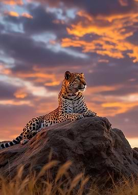 Leopard on a rock at sunset