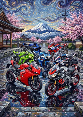 Motorcycles with Mount Fuji and Cherry Blossoms
