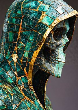 Emerald Kintsugi Hooded Skull Illustration