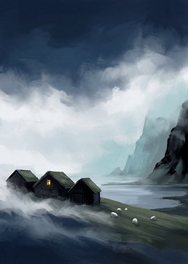 Misty Fjord with Cottages and Sheep