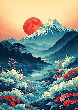Mount Fuji with Red Sun and Flowers