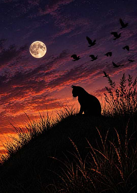Silhouette Cat and Birds at Sunset