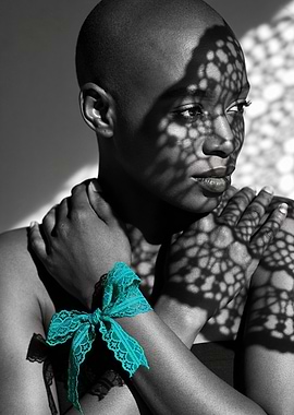 Woman with Lace Shadow and Teal Bow