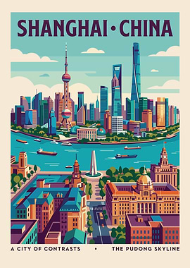 Shanghai Skyline Vintage Poster