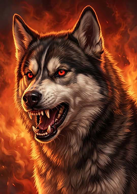 Fierce Wolf with Red Eyes and Flames