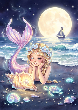 Mermaid on a moonlit beach with a seashell