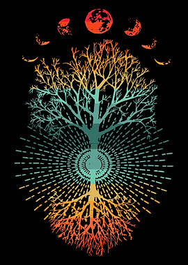 Tree of Life Poster, Cosmic Moon Phases Wall Art, Vibrant Spiritual Nature Print