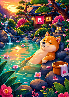 Shiba Inu relaxing in a hot spring