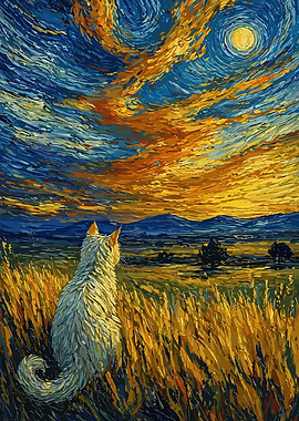 Cat Gazing at Starry Sunset Sky