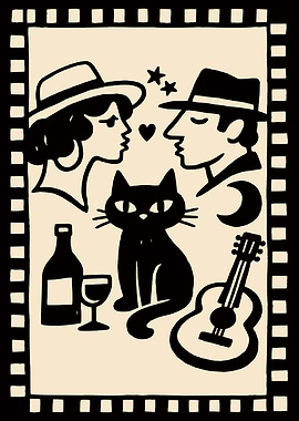 Romantic couple with cat and guitar