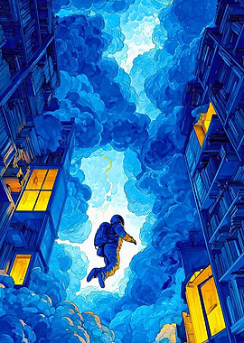 Astronaut floating among clouds and buildings