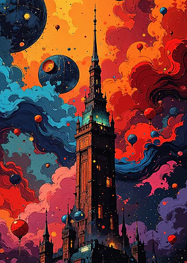 Surreal Cityscape with Balloons and Planets