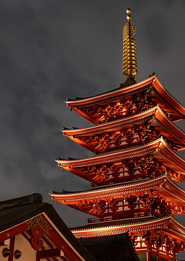 Illuminated Japanese Pagoda at Night