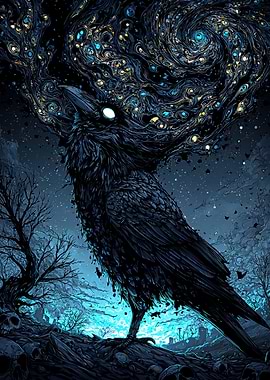 Mystical Raven in a Dark Landscape
