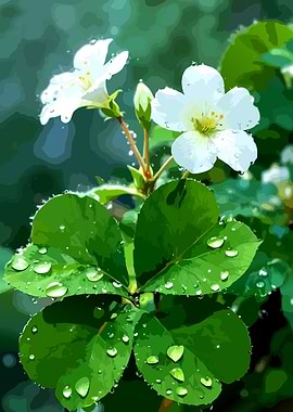 Dewdrops on White Flowers and Leaves