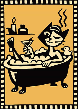 Cat enjoying a bubble bath with a martini