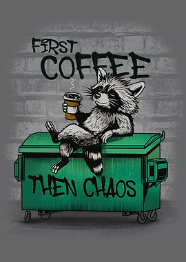 Raccoon with Coffee on Dumpster