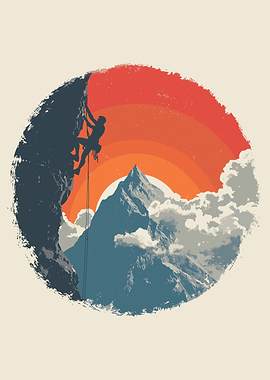 Climber Silhouetted Against Sunset Mountain