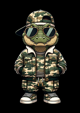 Cool Alligator in Camouflage Outfit, Baseball Cap and Sunglasses