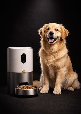 Golden Retriever with Automatic Pet Feeder