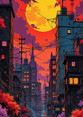 Anime Cityscape at Sunset