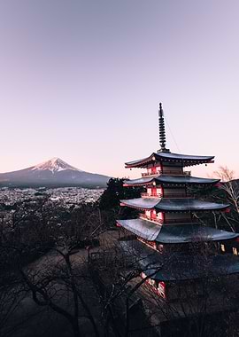 Pagoda and Mount Fuji at Dusk