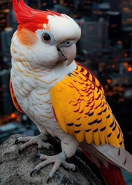 Exotic Parrot on Rock with City Background