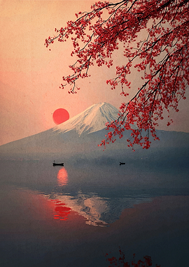 Mount Fuji Cherry Blossoms Sunset