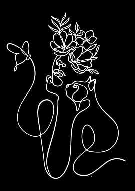 Line Art Woman with Flowers and Cat
